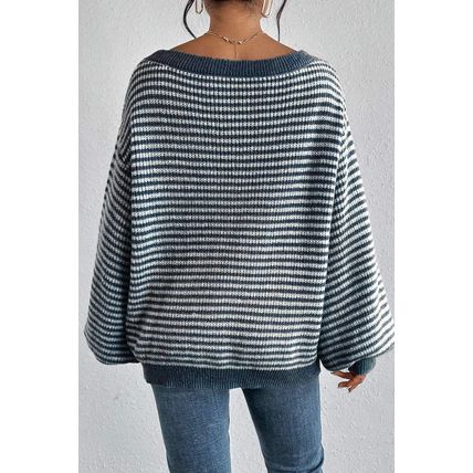 Sail Blue Striped Lantern Sleeve Drop Shoulder Cozy Sweater