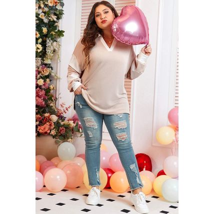 Parchment Corded Colorblock Long Sleeve Slit V Neck Plus Top