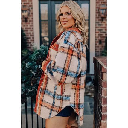 Brown Stripe Plus Size Plaid Print Collared Buttoned Jacket