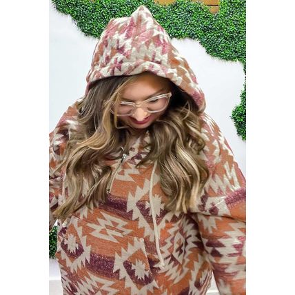 Red Plus Size Western Fashion Aztec Patterned Half Zip High Neck Hoodie