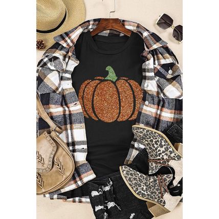 Black Glittering Pumpkin Graphic Halloween T Shirt