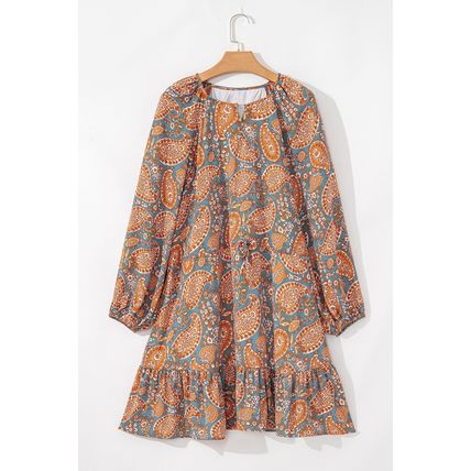 Orange Paisley Print Loose Fit Drawstring High Waist Mini Dress
