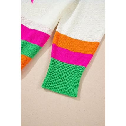 White Star Pattern Colorblock Striped Edge Drop Shoulder Sweater