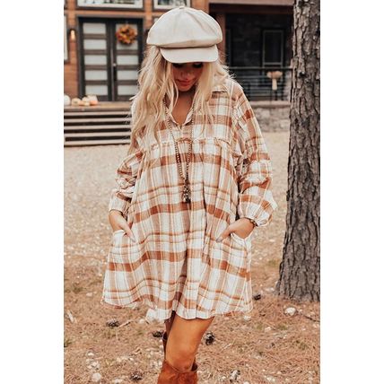 Brown Plaid Print Side Pockets Frilled Babydoll Mini Dress