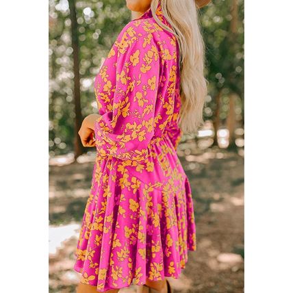 Pink Floral Print Drawstring Tunic Flowy Short Dress