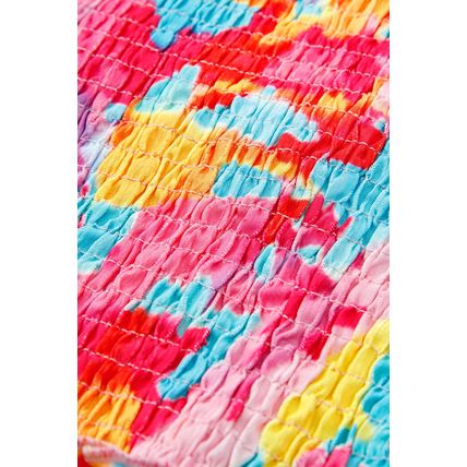 Rose Abstract Printed Puff Sleeve Square Neck Smocked Bust Tied Back Plus Size D