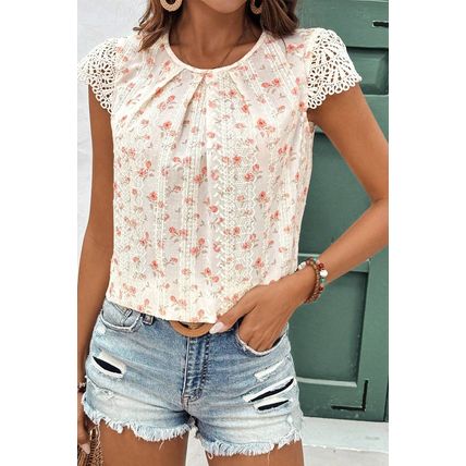 Pink Floral Print Embroidery Detail Crochet Cap Sleeve Blouse