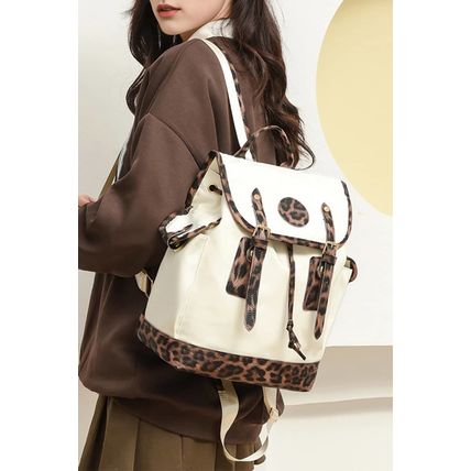 White Leopard Patchwork Flap PU Leather Large Backpack