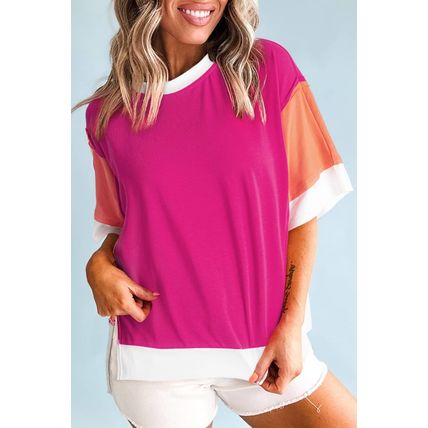 Rose Red Color Block Patchwork Side Slits Loose Fit T Shirt