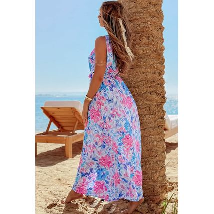 Sky Blue Floral Printed Sleeveless O Neck Knot Waist Maxi Dress