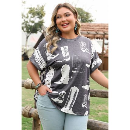 Gray Plus Size Western Boots Print Crew Neck T Shirt
