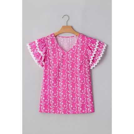 Pink Floral Print Ric-rac Tiered Ruffled V Neck Blouse