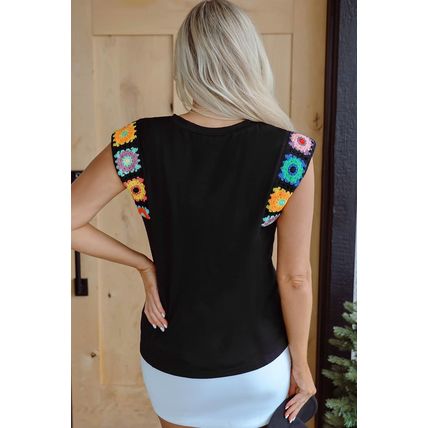 Black Floral Crochet Patched Sleeve Crew Neck Casual Tank Top