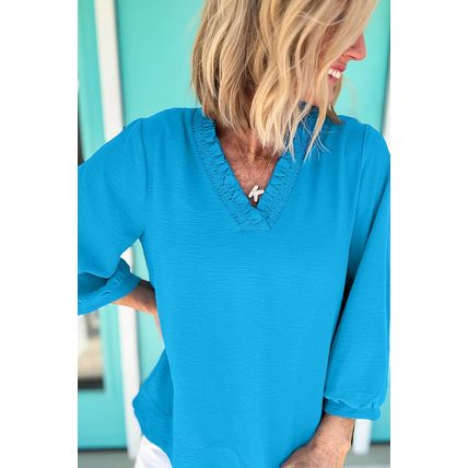 Sky Blue Frilled V Neckline Bracelet Sleeve Crinkled Blouse