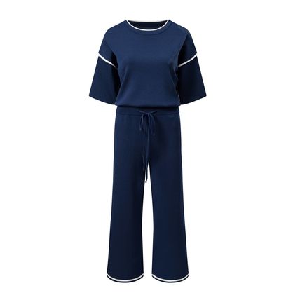 Navy Blue Contrast Trim Half Sleeve Top Drawstring Pants Loose 2pcs Sweater Suit