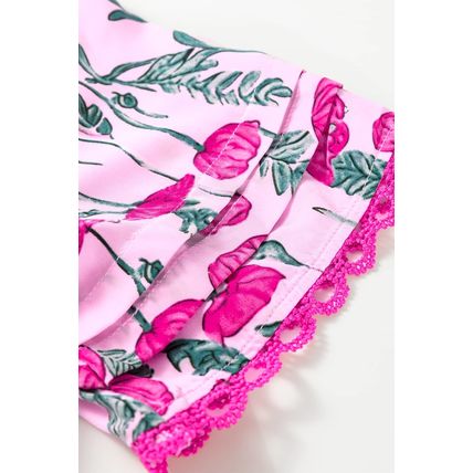 Pink Floral Lace Detail Frilled V Neck Summer Blouse