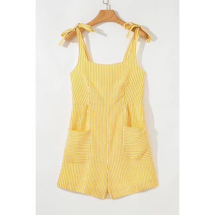Yellow Stripe Shoulder Tie Smocked Back Wide Leg Casual Romper
