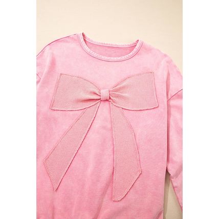 Bright Pink Mineral Wash Big Bow Patchwork Pullover Sweatshirt