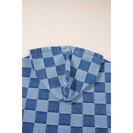 Sky Blue Checkerboard Zipped Neck Kangaroo Pocket Denim Hoodie