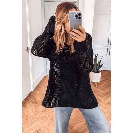 Black Crochet Hollow-out Jumper Top Sweater