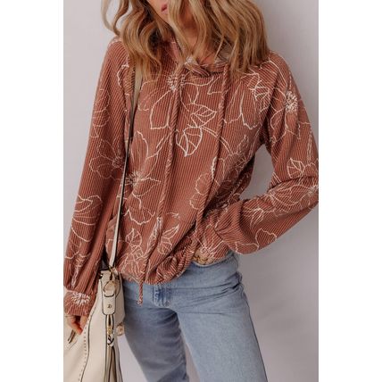 Brown Floral Twisted Rib Drawstring Kangaroo Pocket Hoodie