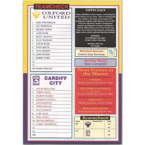 MATCH PROGRAMME 1994-95 OXFORD UNITED v CARDIFF CITY (Very Good - No Writing)