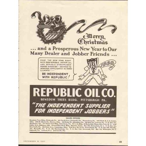 REPUBLIC OIL COMPANY 1937 Merry Christmas dealer jobber vintage ad