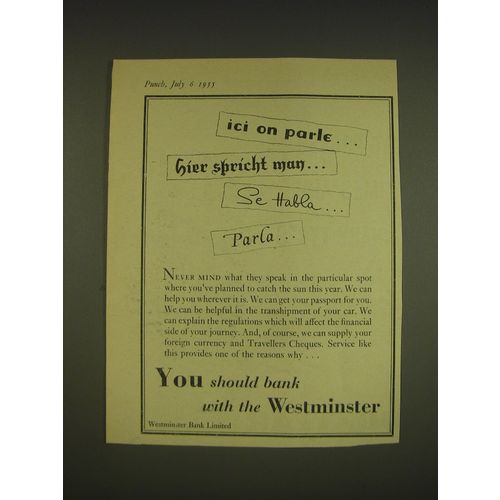 1955 Westminster Bank Ad - ici on parle.. Hier spricht man.. Se habla.. Parla..