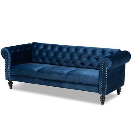 Velvet Chesterfield Trans Sofa Button Tuft Silver NailHead Spindle Leg Gray Blue