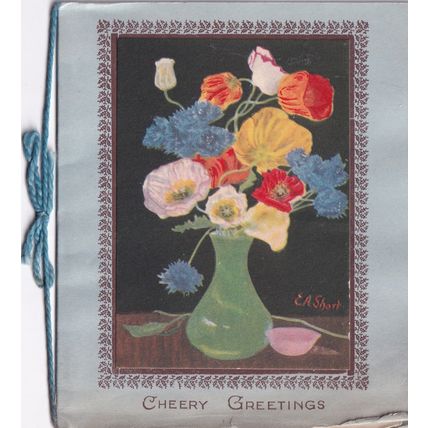 Vintage Christmas Card - Cheery Greetings - Vase of Flowers - artist EA Short