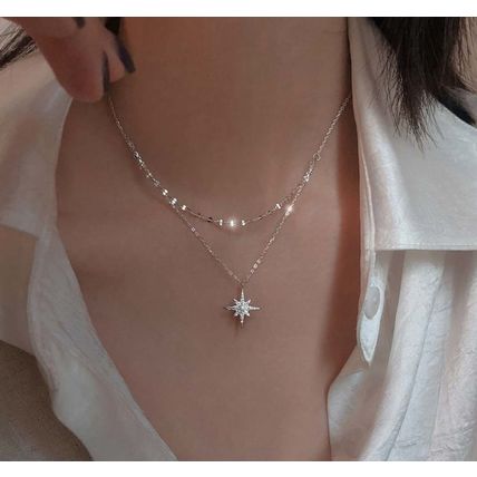 925 Silver Double Necklace Topaz Star Pendant - Very Dainty