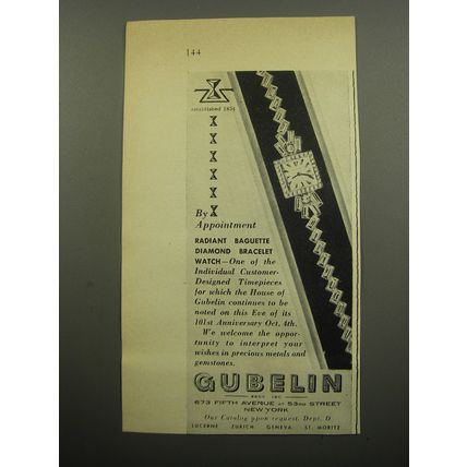 1955 Gubelin Watches Advertisement - Radiant Baguette Diamond Bracelet Watch