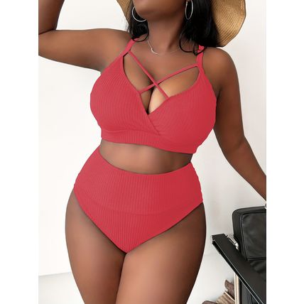 New Sexy Plus Solid Size Color Halter High Waist Bikini Swimsuit