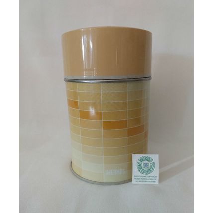 VINTAGE 1970s KING-SEELEY YELLOW GEOMETRIC PATTERN SOUP THERMOS w LID & STOPPER