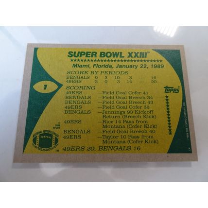 1989 Topps Football Card # 001 Super Bowl XXIII Joe Montana Ex (5) 49ers