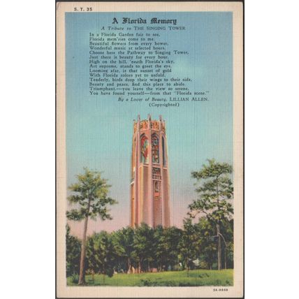 A Tribute to the Singing Tower, Florida, 1933 - Asheville Post Card Co Postcard