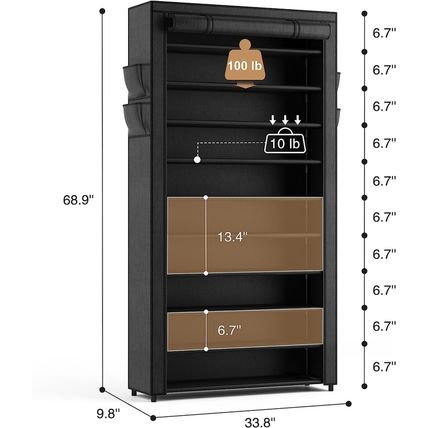 ROJASOP 10 Tier Shoe Rack with Covers,Large Capacity Stackable Tall Shoe Shelf S