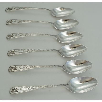 Six Silver 5+" Bright-cut Old English Star Teaspoons Sheffield 1900, 131mm, 124g
