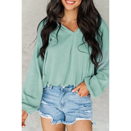 Green Loose Fit Ribbed V Neck Hoodie