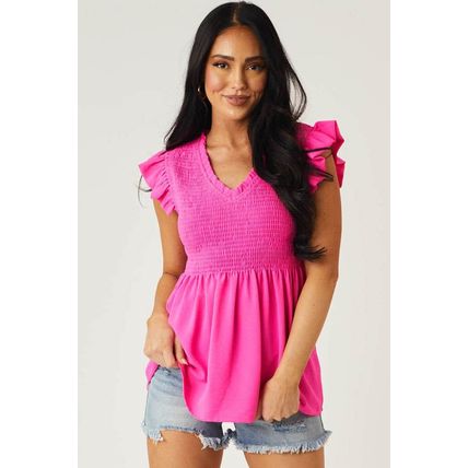 Rose Smocked Ruffle Flutter Sleeve Peplum Blouse