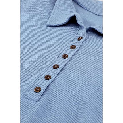 Sky Blue Button Front Turn-down Neck Knit Top
