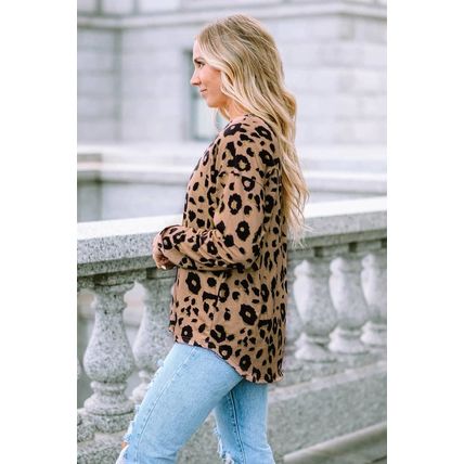 Brown Leopard Split Joint V Neck Long Sleeve Tops