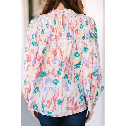 Multicolor Printed Frilled Neck Smocked Loose Blouse