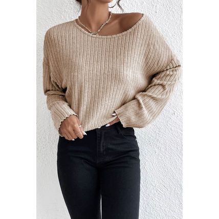 Beige Lettuce Cuffs Drop Shoulder Loose Ribbed Knit Top
