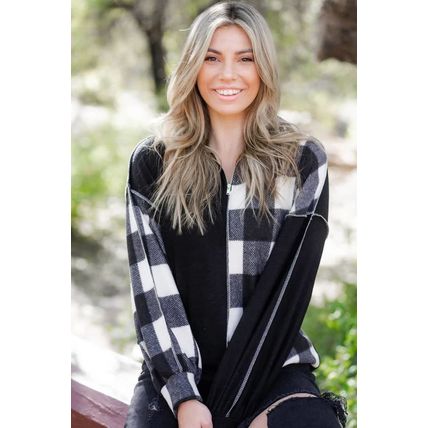 Black Checkboard Patchwork Exposed Stitching Collared Top