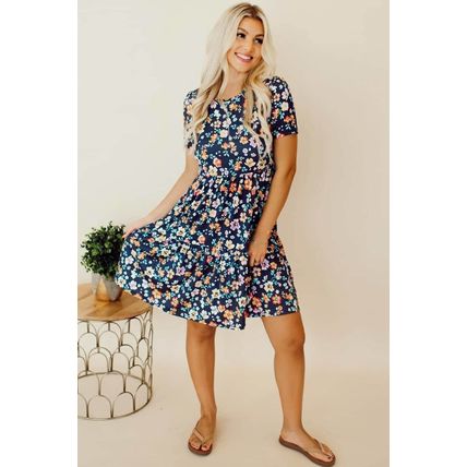 Blue Short Sleeve A-line Floral Dress