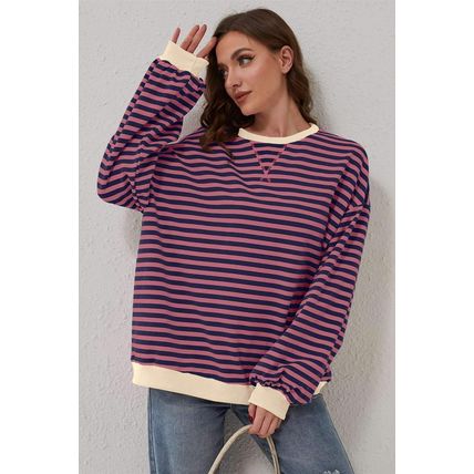 Red Stripe Oversized Contrast Trim Pullover Sweatshirt