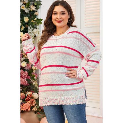 Pink Stripe Drop Shoulder Side Split Plus Size Sweater