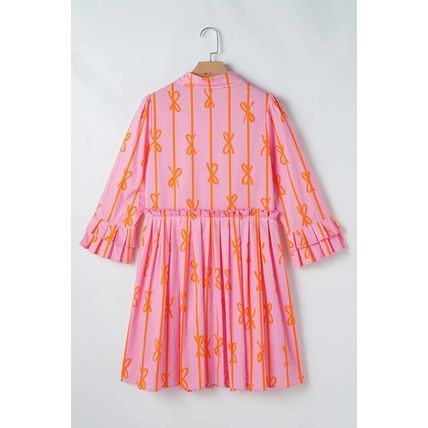 Pink Bowknot Striped Printed Tiered Ruffled Mini Shirt Dress