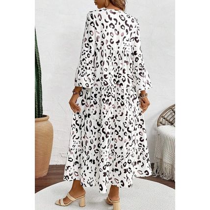 White Leopard Print Notch V Neck Loose Fit Maxi Dress
